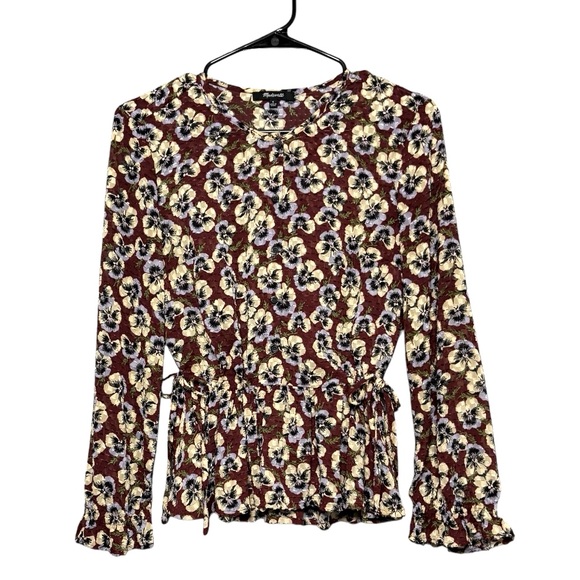 Madewell Drawstring Ruffle-Hem Top Viola Floral Pansy Print S - Picture 3 of 10